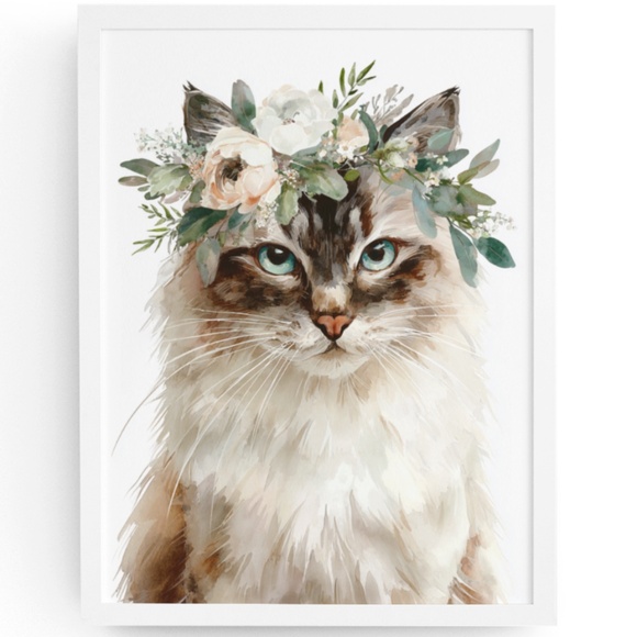 Watercolor Mink Ragdoll Cat with Flower Crown Wall Art Print Unframed - Picture 1 of 7